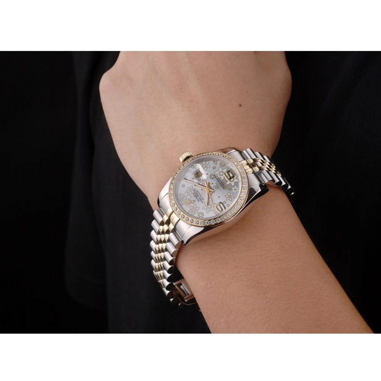 MiroTime 0718 Rolex DateJust Brushed Stainless Steel Case Silver Flowers Dial Diamonds Plated